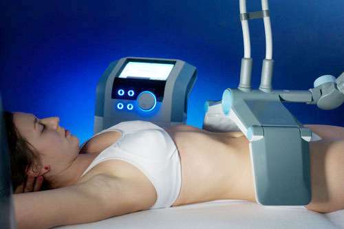 Treatment illustration with machine placed over woman's abdomen